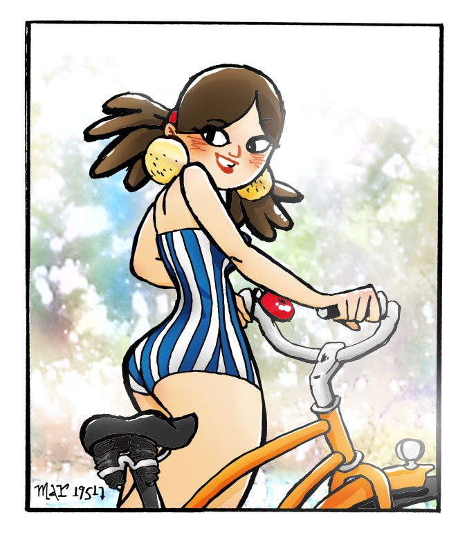 Bike Girl with Striped One Piece Swin Suit